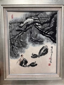 Framed Chinese Painting of Buffalo & Cowboy