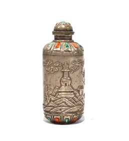 Chinese Silver Stone Inlaid Snuff Bottle