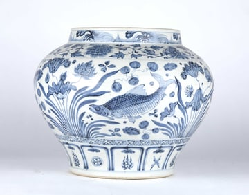 Chinese Blue & White " Fish" Jar