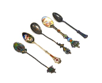 Five Antique Silver Enamel Spoons