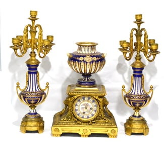 Jeweled Three Pcs of Bronze Sevres Clock Set