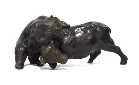 Japanese Bronze Beer & Bull Sculpture. Signed