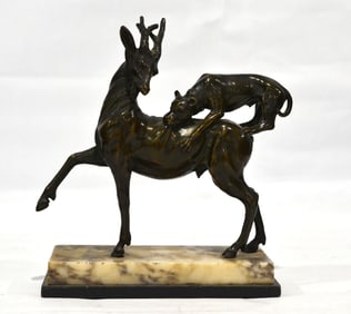 Early Bronze Figure Group of A Deer & A Dog