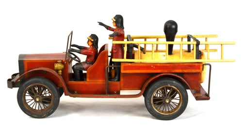 Vintage Handmade Folk Art  Wood Fire Truck