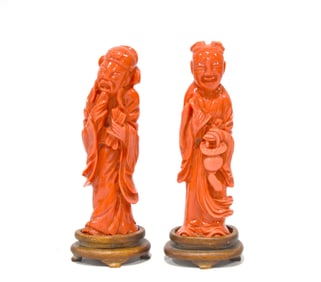 Pr Chinese Carved Red Coral Figures