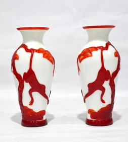 Pr Chinese White & Red Perking Glass Vases