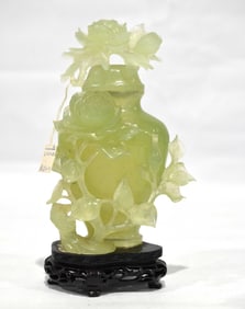 Chinese Finely Carved Flower Jade Vase w. Cover