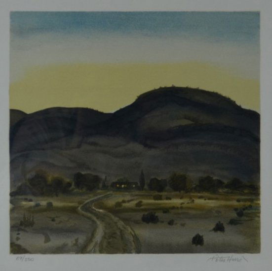 Peter Hurd, "A Ranch at Dawn", Lithograph: Peter Hurd, "A Ranch at Dawn", Lithograph. Edition: 89/250. Signed. Image: 12" x 12", Frame: 21" x 21".