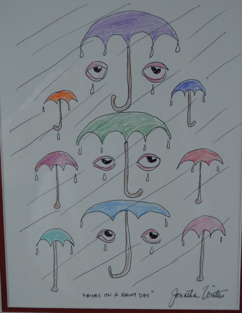 Jonathan Winters, "Eyes on a Rainy Day", Watercolor: Jonathan Winters, "Eyes on a Rainy Day", original ink and color pencil , 2005. Signed. Image: 11" x 9.5", Frame: 23" x 20"