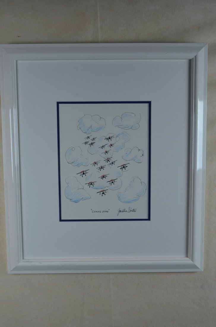 Jonathan Winters, "Coming Home", Original Ink & Pencil: Jonathan Winters, "Coming Home", Original ink and color pencil, 2005. Hand signed. Image: 8.5"x11", Frame:18"X21"