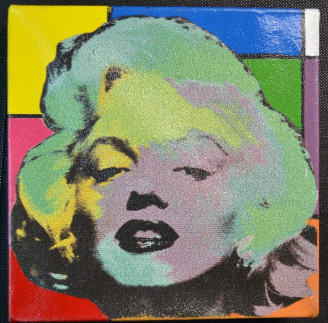 Steve Kaufman "Mini Marilyn" Oil & Silkscreen on Canvas: Steve Kaufman, "Mini Marilyn", original multicolor oil and silkscreen on canvas, 2004. Comes with certificate of authenticity (COA). Signed. 8" x 8"