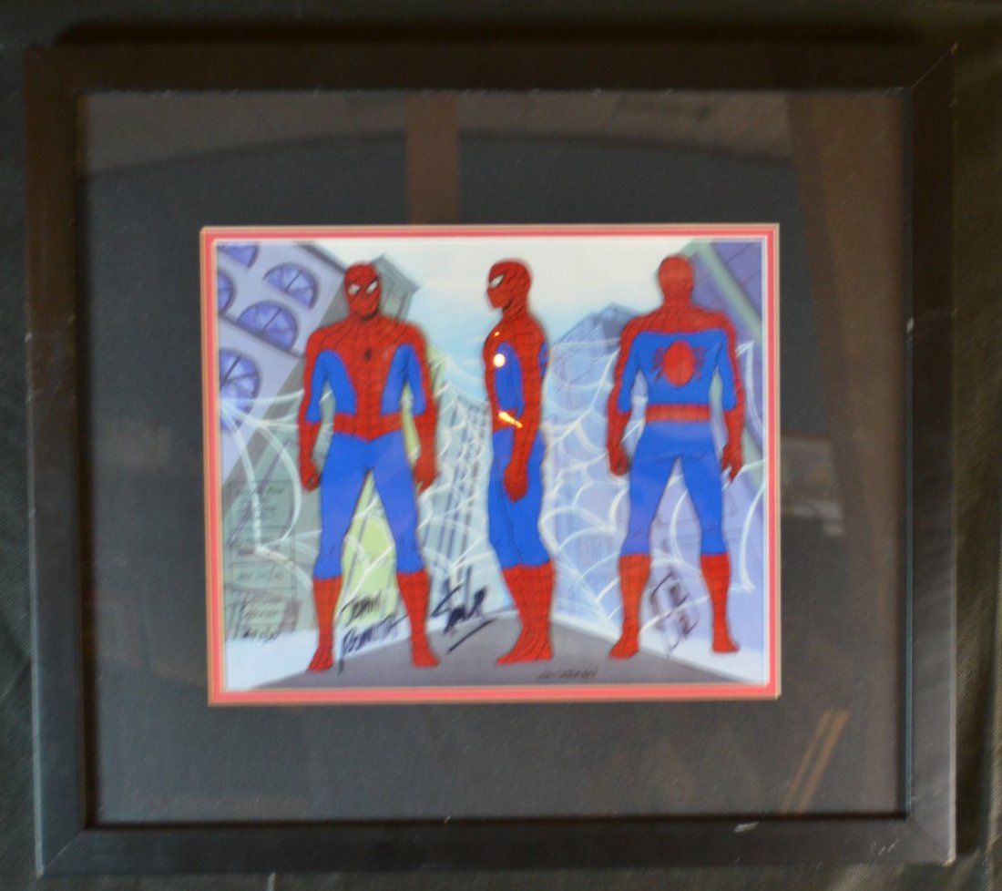 Stan Lee, "Spiderman", Autographed Cel on Hand-Painted: Stan Lee, "Spiderman and His Amazing Friends", autographed three image model cel. Autographed by John Romita, John Romita Jr., and Stan Lee. Limited edition AP 2/10. COA from Choice Collectibles ASG,