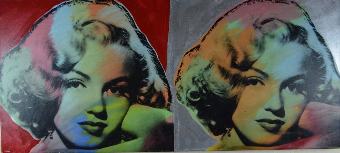 Steve Kaufman, "Double Marilyn Monroe, Red & Silver": Steve Kaufman, "Double Marilyn Monroe, Red & Silver", oil and silkscreen on canvas. Comes with certificate of authenticity (COA). Limited edition, 76/87. Image: 42" x 19"
