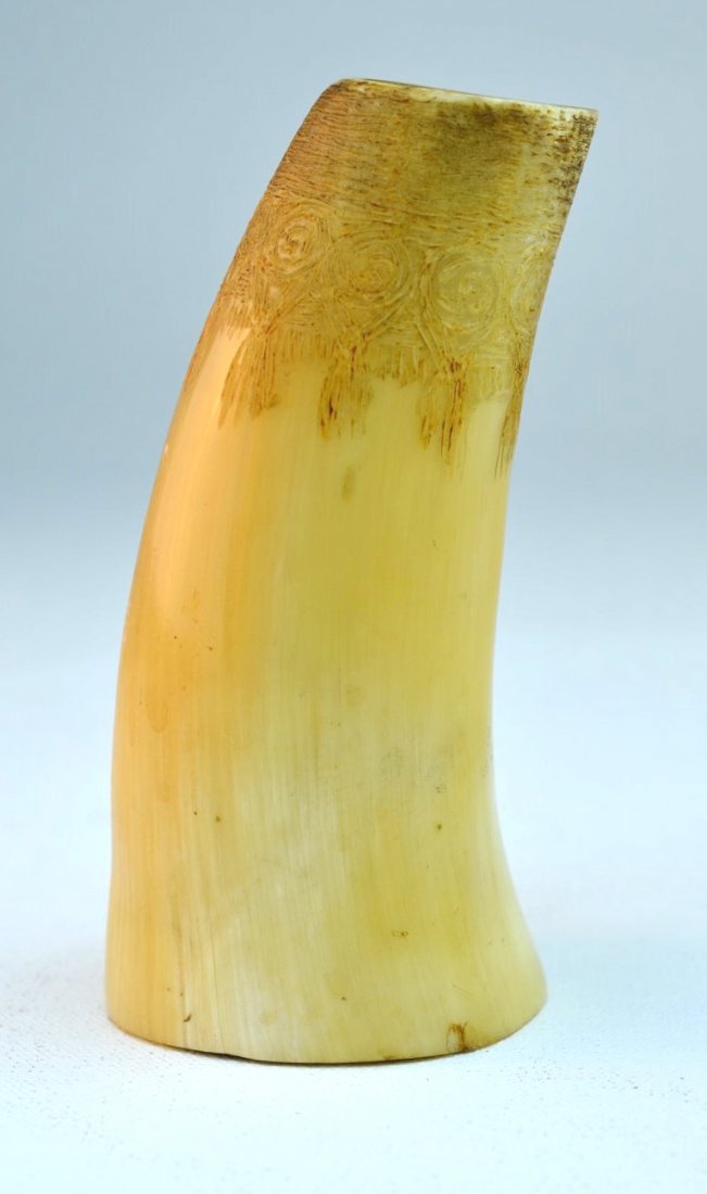 Argentinian Horn Brush Pot or Vase: An Argentinian brush pot made of a horn, incised with stylized details. Marked Argentina, Zecat? 4 3/4" x 2 1/4"