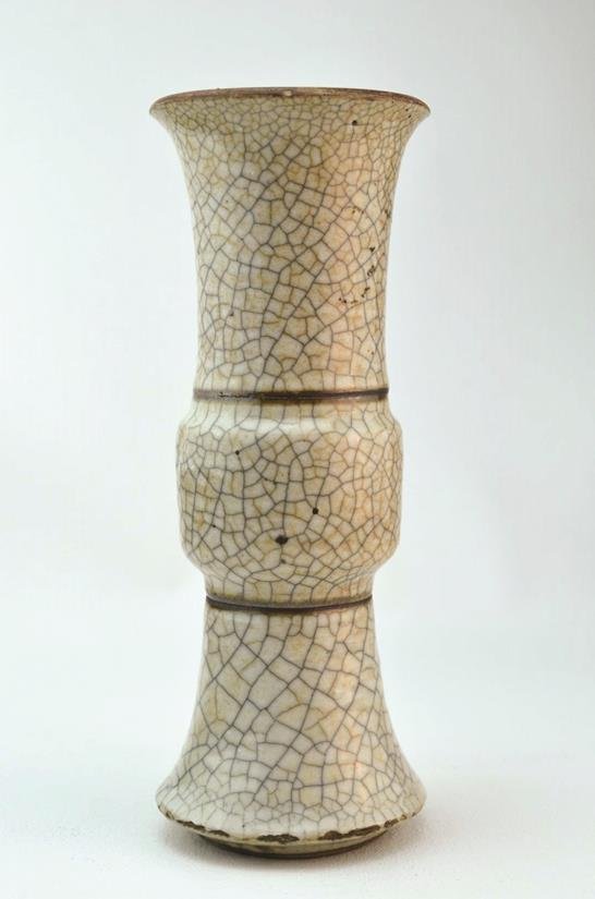 Chinese Porcelain Corseted Vase: Chinese porcelain heavily crazed beaker vase, Ming or early Qing Dynasty. Minor nicks around base. 8" x 3"
