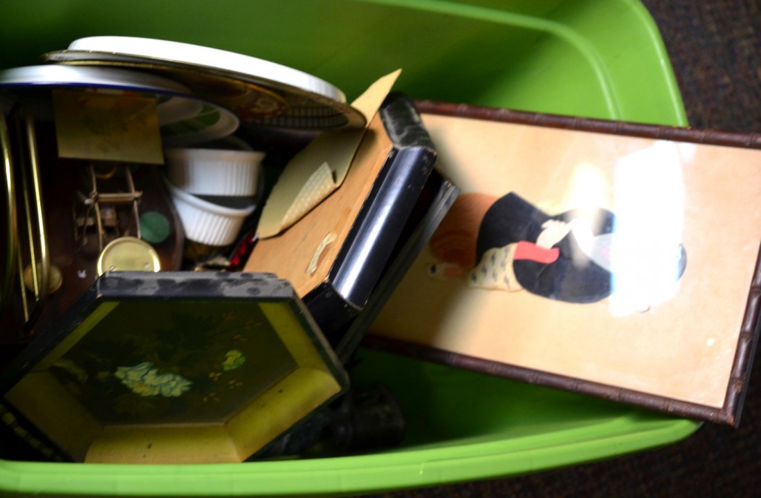 Box Lot of Assorted Items Including Chinese Paintings: Box lot of assorted items including Chinese paintings, vintage postal scale, and assorted metal.