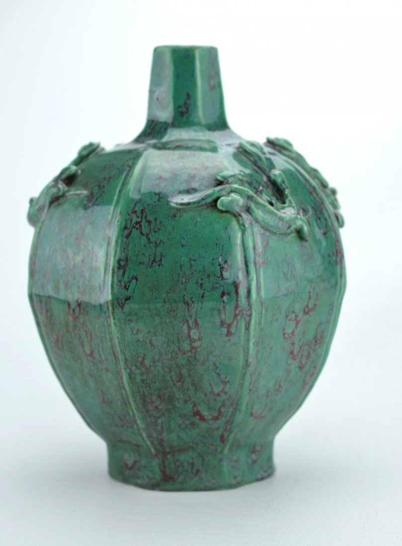 19th C Chinese Green Glazed Hexagonal Bulbous vase: CHINESE PORCELAIN Bulbous faceted vase with applied lizards, all covered in a mottled green and oxblood glaze, 19th century. 8'' x 5 1/2''
