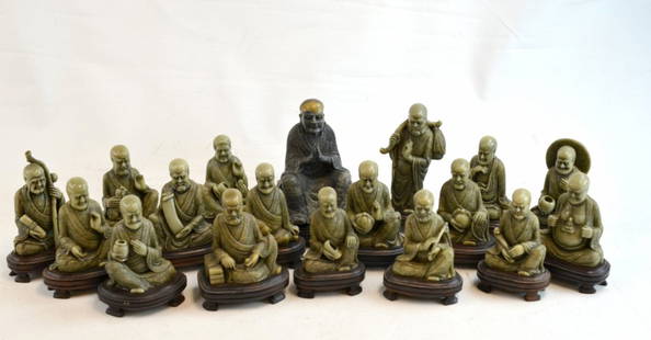 Eighteen finely carved Lohan figures in soapstone: Early 20th Century Eighteen finely carved Lohan figures in soapstone. Each figure resting on wood stand. Largest without stand: 6 1/2'' x 4 1/4'', smallest: 5'' x 3 1/2'', stand: 1 1/2''