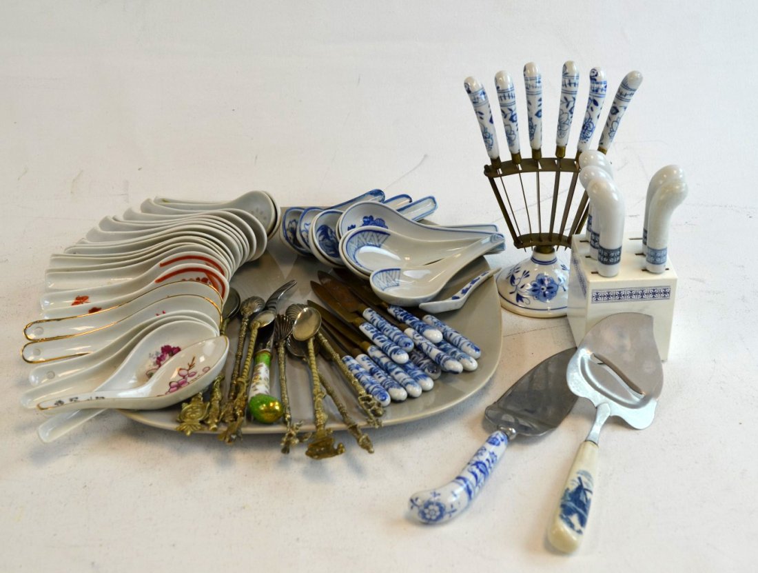 Box Lot of Utensils; Blue & White Porcelain Knives: Two sets of blue and white porcelain-handled knives, one on porcelain stand, the other in wood block, together with three porcelain-handled serving pieces, thirty-three Japanese soup spoons, eight spo