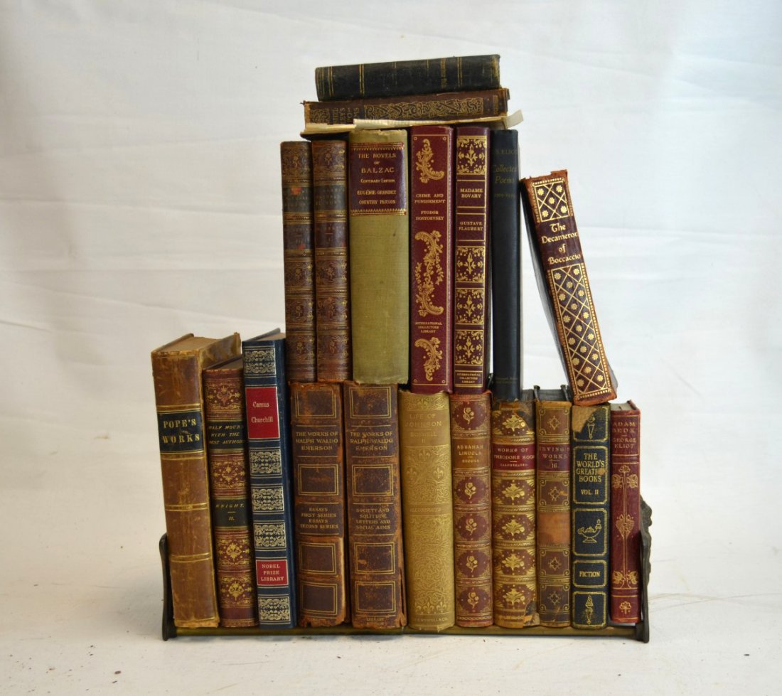 20 Assorted Vintage Books: 20 Assorted vintage books, many dating to the 1800's, including The Poetical Works of Alexander Pope, The World's Greatest Books, 1910, The Decameron of Boccaccio leatherbound edition, Nobel Prize Lib