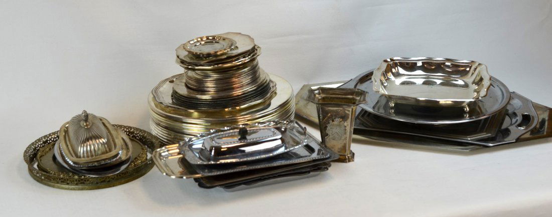 Box Lot of Silverplated Trays & Plates: Box lot of silverplated trays and plates. Some marked.