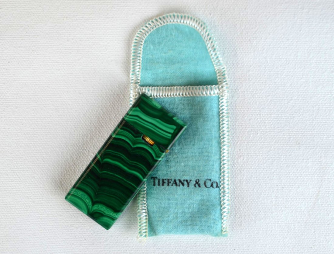 Vintage malachite cigarette lighter, possibly Tiffany &: Vintage malachite cigarette lighter, possibly Tiffany & Co., with bold colors and design to the stone. In Tiffany & Co. cloth sleeve.