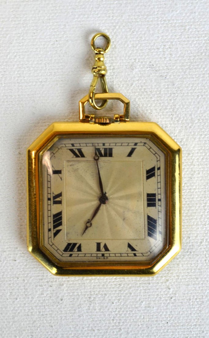 Vintage 14K Yellow Gold Pocket Watch: Vintage 14k yellow gold pocket watch with octagonal face. 42.1 dwt. (65.4 gs). Marked 14K on hanging clasp. 1 3/4'' x 1 3/4''