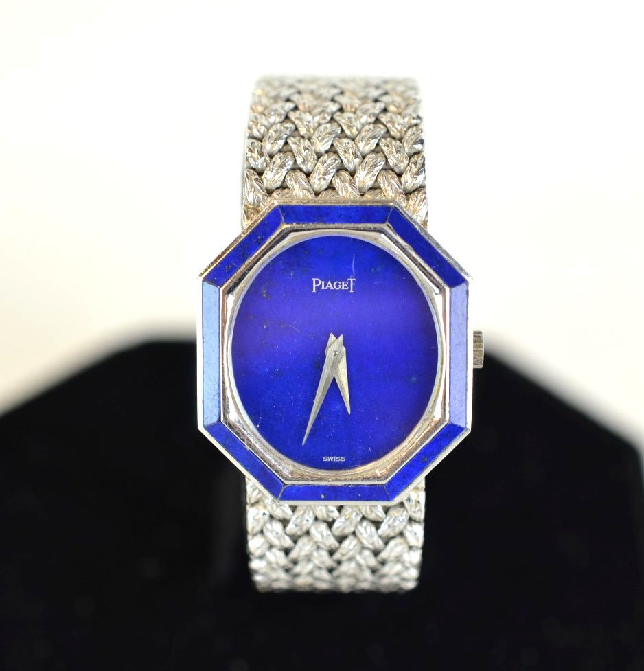 Piaget (Swiss) Ladies 18k White Gold & Lapis Watch: Piaget (Swiss) ladies watch of 18k white gold, with blue lapis face. 40 dwt. (61.3 gs). Marked. 6''