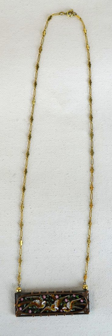 Antique Mini Mosaic Necklace w/ Birds 14k Gold: Antique mini mosaic necklace with three birds and pink flowers, on 14k gold chain. Unmarked. Pendant: 2'' x 1/2''