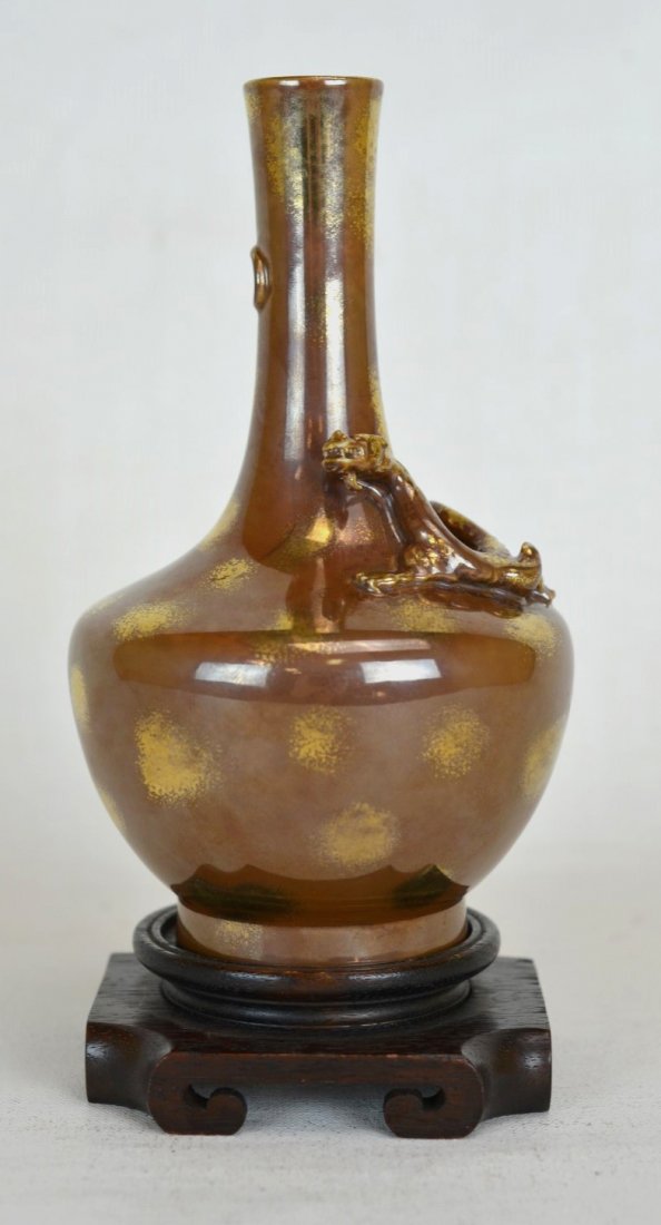 19th c. Chinese Porcelain Pear Shaped Vase w/ Brown: Chinese porcelain pear shaped vase with brown glaze and some gilding. Vase is decorated with a hornless dragon wrapping around the neck. Contains a four character impressed seal mark. Complete with st