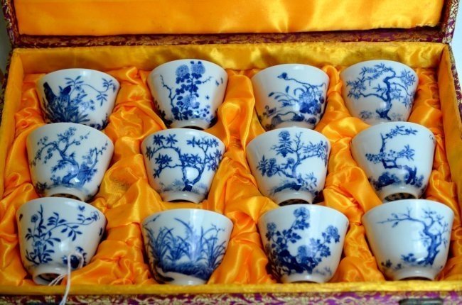 Set of 12 19th c. Blue & White Porcelain Wine Cups: Set of twelve blue and white porcelain wine cups. Each corresponds with the passing of a year depicting the change of the seasons. Six charater underglaze blue mark on bottom. Some with minor chipping