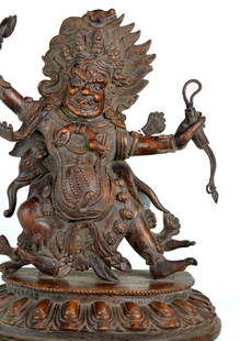 18th c. Huanghuali Carving of Tibetan Deity Yamantaka.: Very rare Chinese huanghuali carving of Tibetan deity Yamantaka. One hand holds a removable septor, another a whip, many human heads and other animals adorn the body. 18th c. or earlier. 15"H X 12"W