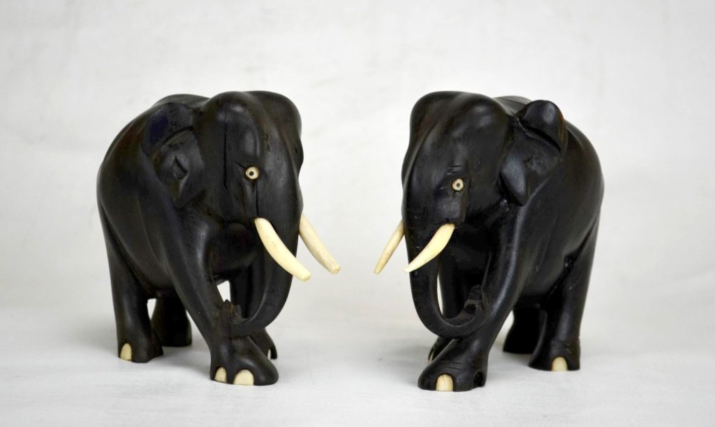 Pair of Carved Wood Elephants with Ivory Accents