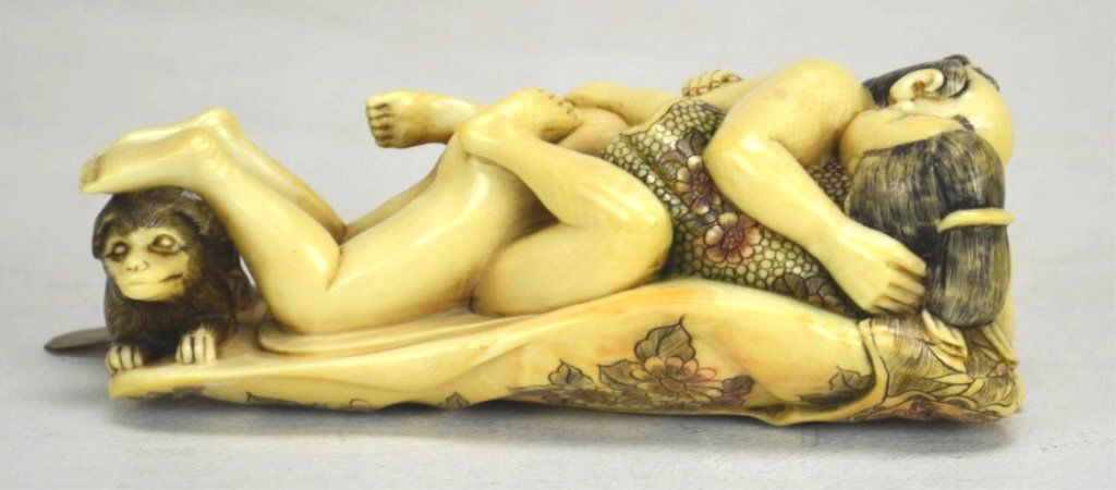 Erotic Japanese Antique Ivory Carving: An erotic Japanese ivory carving. Measures 5 1/8" x 2 1/2" x 1 1/2" 19th century