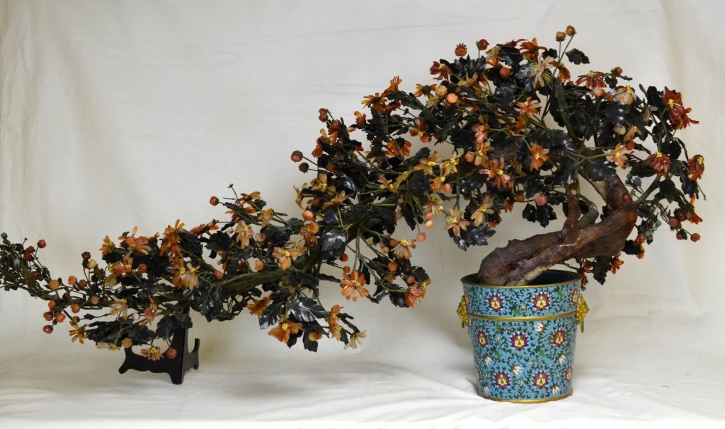 Large Jade & Agate Tree w/ Cloisonne Pot: A large stone flower tree made with jade and agate in a cloisonne pot. The pot is decorated with a scrolling floral design against a turquoise ground; measures 10" x 10". The whole measures approximat