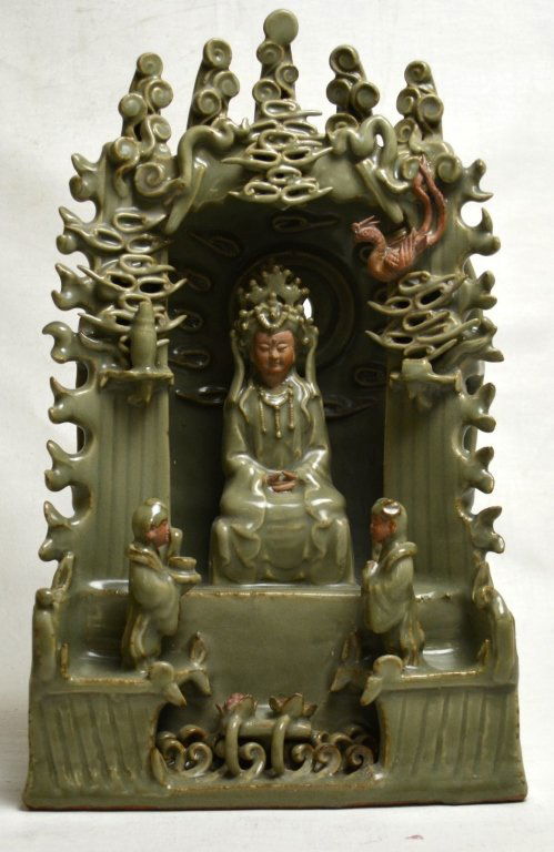 Rare Chinese Longquan Glazed GuanYin Statue: A very rare Chinese longquanglazed statue of a guanyin and two kneeling figures with offerings inside an intricate temple. Measures 9" x 6" x 15 1/8" Ming Dynasty