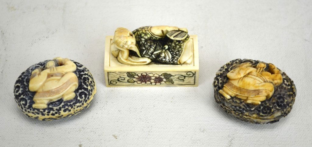 Three Antique Ivory Pieces; "Rosei's Dream": Three Japanese antique ivory carvings; different versions of "Rosei's Dream" the exterior is a sleeping man and the interior has some erotic scene. All marked. 19th century. Dimensions: Biggest - 1 7/