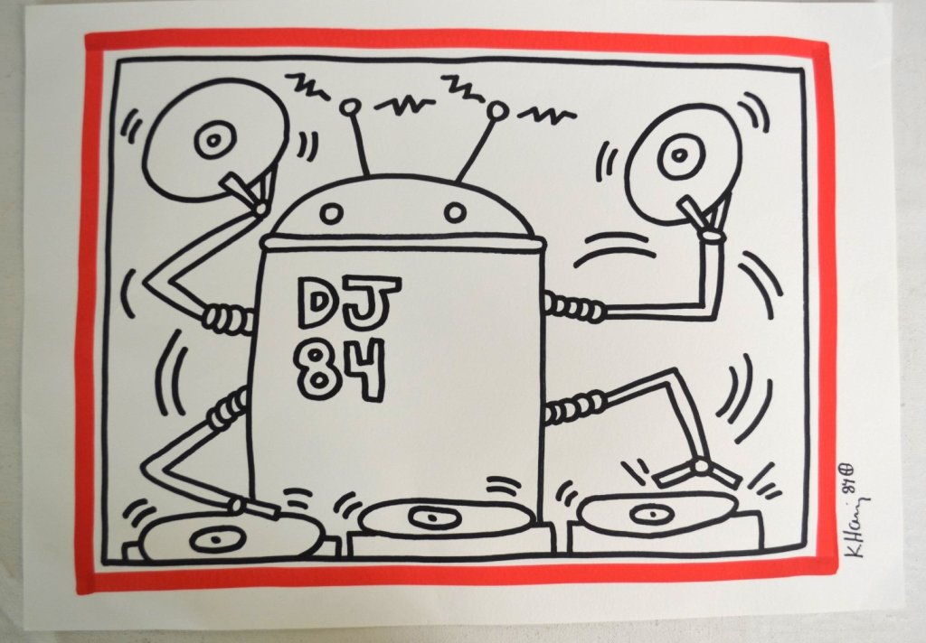 Keith Haring Original Artwork: Original drawing of a robot dj by Keith Haring; stored in plastic sleeve. Hand signed bottom right "K. Haring 84" Measures 16 1/2" x 12"