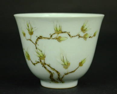 Set of Twelve Chinese Famille Rose Wine Cups 19th C: A set of twelve Chinese wine cups each depicting a different flower on one side and calligraphy and copper red seal on the other; all against a white ground. six (6) character underglaze blue mark on