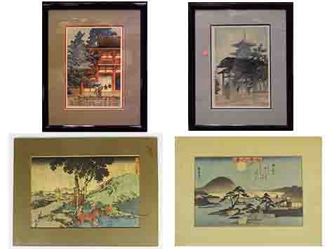 A Set of Japanese Antique Paintings: A set of Japanese antique paintings Two framed painting,overall size 18.5 * 23 inch, painting size 11*15 inch ; Two Paper framed painting, overall size 11 3/4 * 16 inch, painting size 7 3/4 * 11 3/4 i