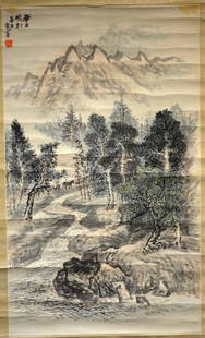 Chinese Scroll Painting by Zhao, Wangyun: Chinese scroll painting depicting mountain, horses and river by Zhao, Wangyun(1906-1977) signed and stamped. size:31 1/2" x 18 3/4", overall: 76"x24 1/2"