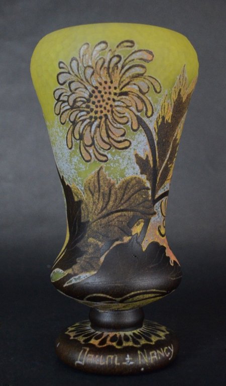 Art Glass Vase by Nancy Daum: Art glass vase by Nancy Daum; painted with sunflower Signed above base high:9 1/4"