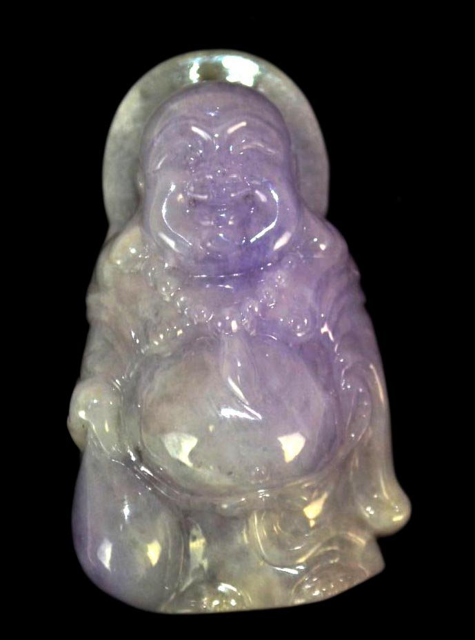 Natural Carved Lavender Jadeite Pendant: Natural carved light purple Lavender jadeite buddha pendant. Guaranteed Type "A". Height: 45mm, Width: 25mm Dep: 16mm. Weight: 30.6 g.