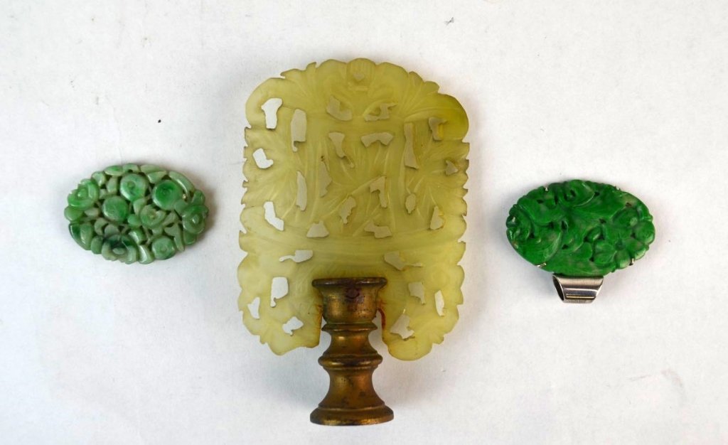 Three Pieces of Jade and Jadeite: Three pcs of carved jade and jadeite including two jadeite and a celadon jade plaque. size: 2 3/4" x 2", 34mm x25mm.