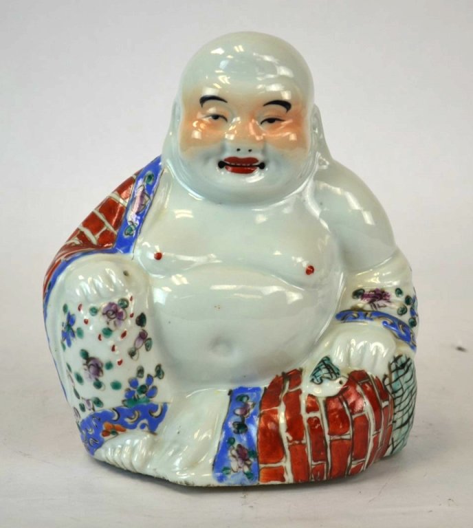 Chinese Porcelain Happy Buddha Figure: Chinese porcelain happy buddha statue, wearing blue and copper red robe with floral and brick-like pattern. Marked CHINA. 8" x 6 1/2"