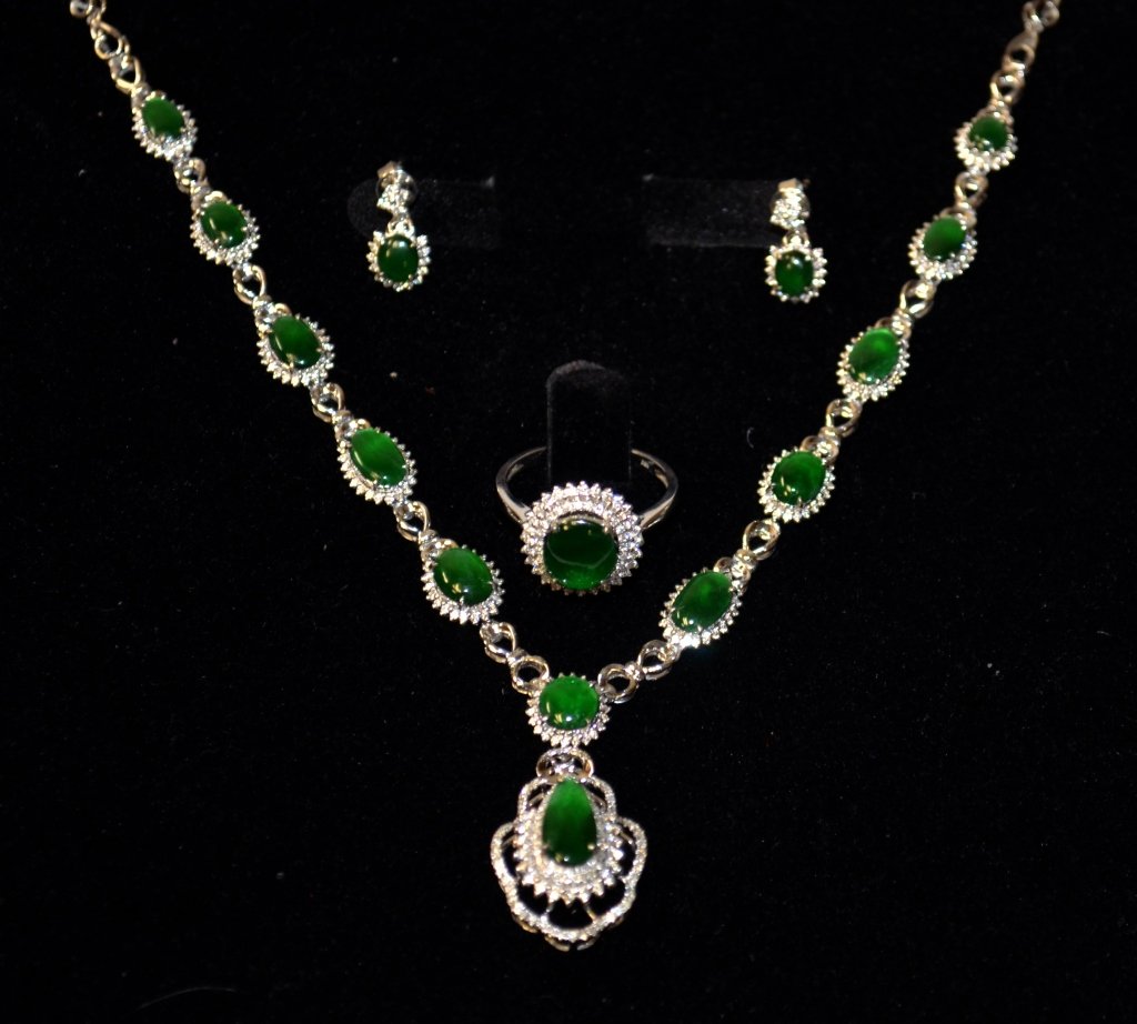 Chinese Jadeite Ring, Earrings, & Necklace Set
