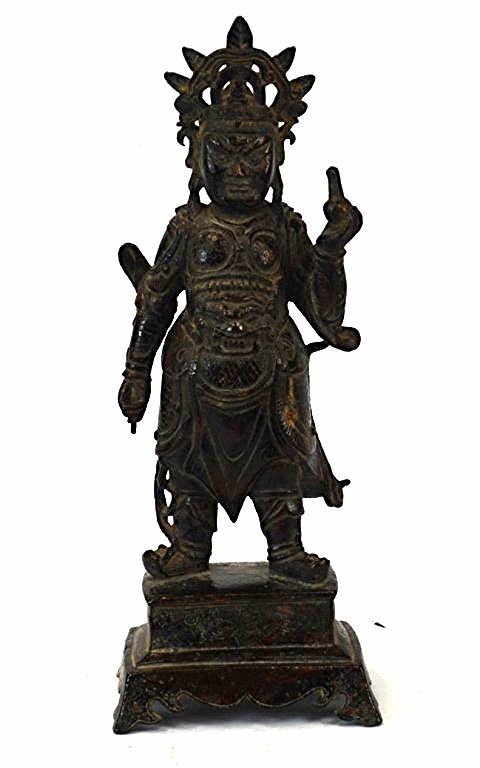 Chinese Bronze Warrior Statue/ Figure: Ming Dynasty . Chinese bronze figure of a warrior wearing a large headpiece, and wearing intricately detailed clothing, atop a pedestal etched with foliate design. 15" x 5 1/2"