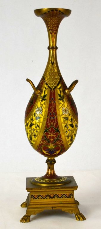 Ferdinand Barbedienne Gilt Bronze & Enamel Vase: Ferdinand Barbedienne (French) gilt bronze and champleve enamel two-handled vase atop a footed pedestal, probably designed by Louis-Constant Sevin (1821-1888), decorated with yellow, red, white, blue,