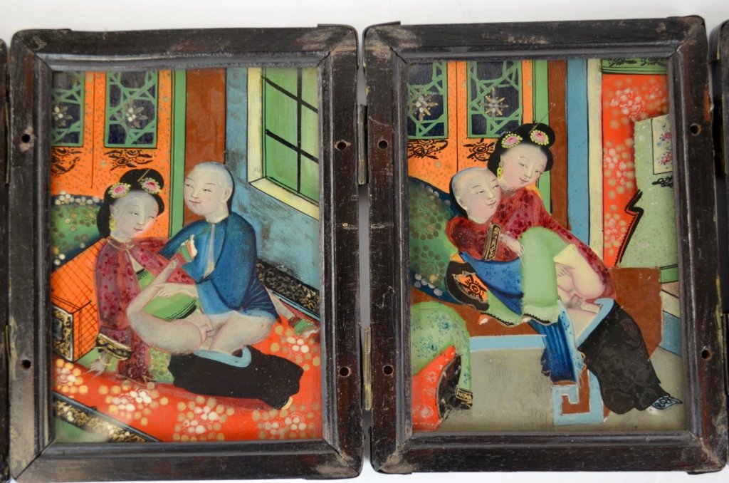 Chinese Wood & Erotic Reverse Painted Panel Box: Unusual Chinese wooden box, each section opening to reveal a reverse-painted panel depicting an erotic scene. Missing some pins holding panels together. 3 1/2" h x 5" w x 6" d