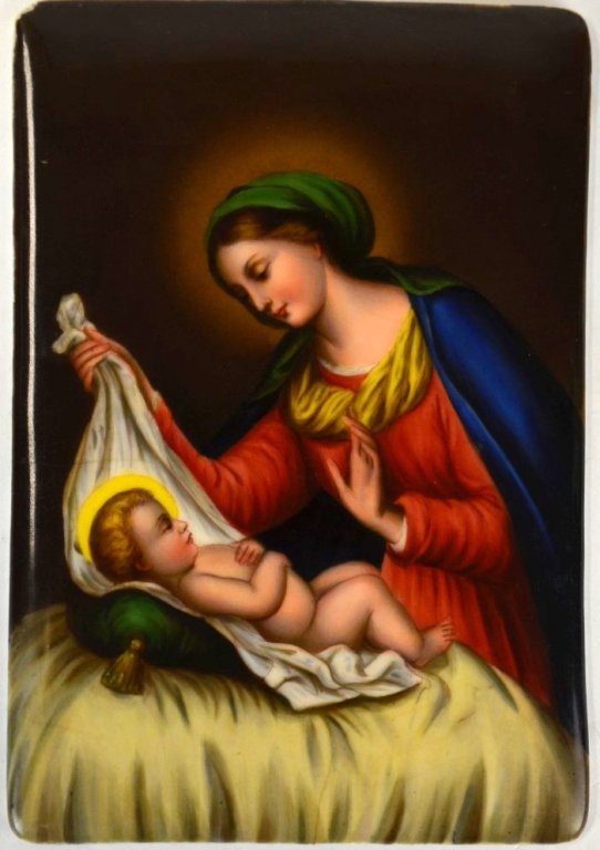KPM Porcelain Plaque of The Virgin Mary & Jesus: KPM porcelain plaque with finely painted portrait of the Virgin Mary and baby Jesus laying atop a pillow. Two tight hairlines from edge, flat nick to rear upper edge. Stamped mark on back. 5" x 7 1/2"